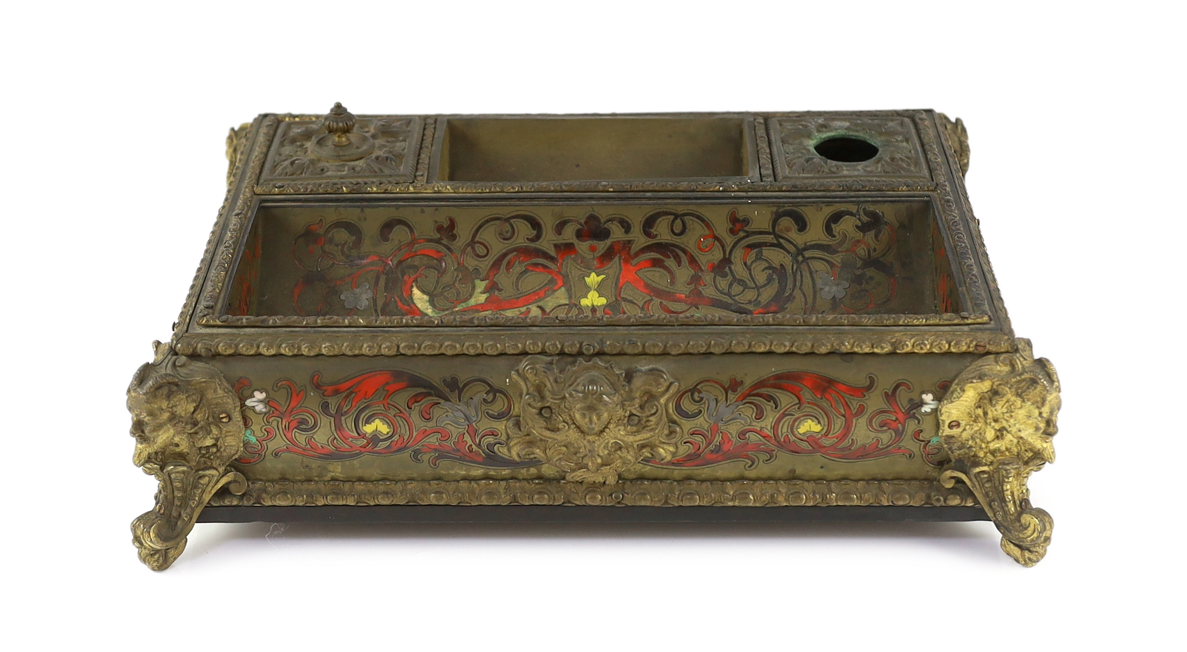 A 19th century French scarlet Boulle work desk stand with ormolu mounts, 36cm wide